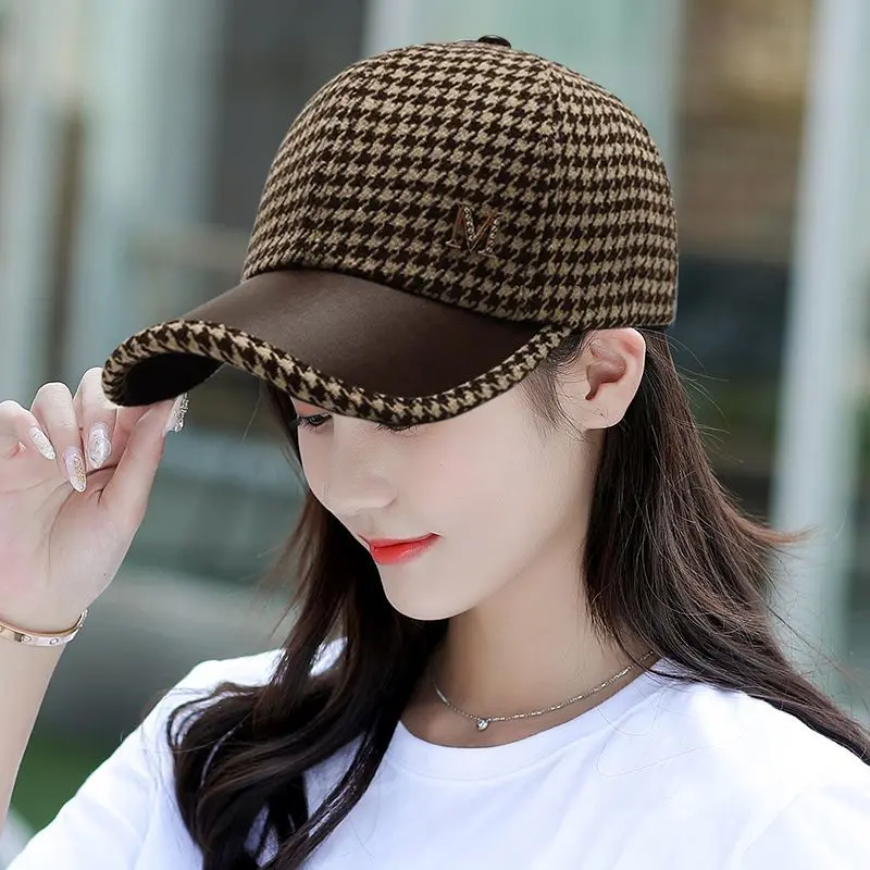Mũ Lưỡi Trai Vành Cong, Mũ Bóng Chày Nữ, Thời Trang Và Ấm Áp, Chất Liệu Len, Phong Cách Cổ Điển Anh Quốc, Họa Tiết Houndstooth, Thường Ngày Và Dễ Phối Đồ Thích Hợp Cho Mùa Thu Và Mùa Đông Hoa Hat Nón Tulip