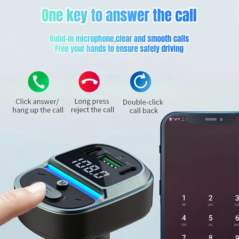 Car MP3 Player FM Transmitter, Dual USB Fast Charging Type-C USB One-click Free Hands-free Call Wireless Car Charger Audio Receiver 3