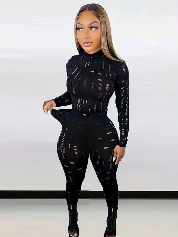 Women's Plain Ripped Long Sleeve High Neck Tee & Skinny Pants Set, Casual Sexy Tight Sleeve Tops & Leggings for Daily Outdoor, Ladies Fall & Winter Clothes Valentine's Day, gift 2
