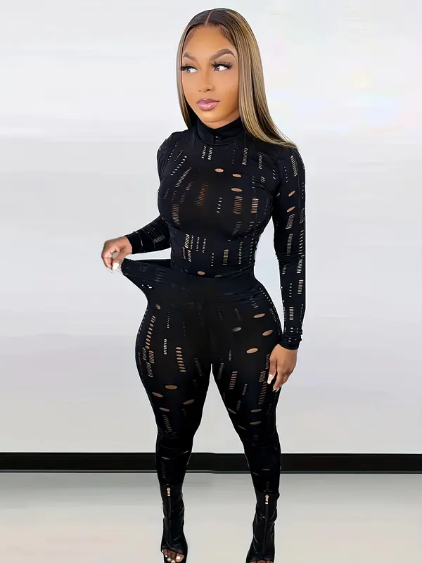 Women's Plain Ripped Long Sleeve High Neck Tee & Skinny Pants Set, Casual Sexy Tight Sleeve Tops & Leggings for Daily Outdoor, Ladies Fall & Winter Clothes Valentine's Day, gift 2