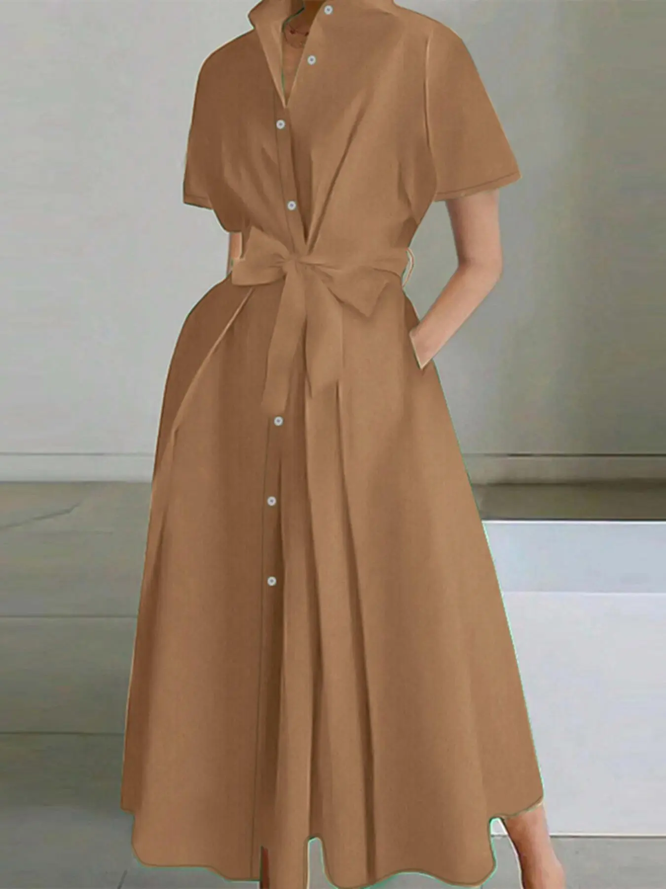 Women's Solid Color Belted Button Dress, Casual Short Sleeve Collared Dress for Daily Wear, Ladies Clothes for All Seasons, Summer Dresses 2025