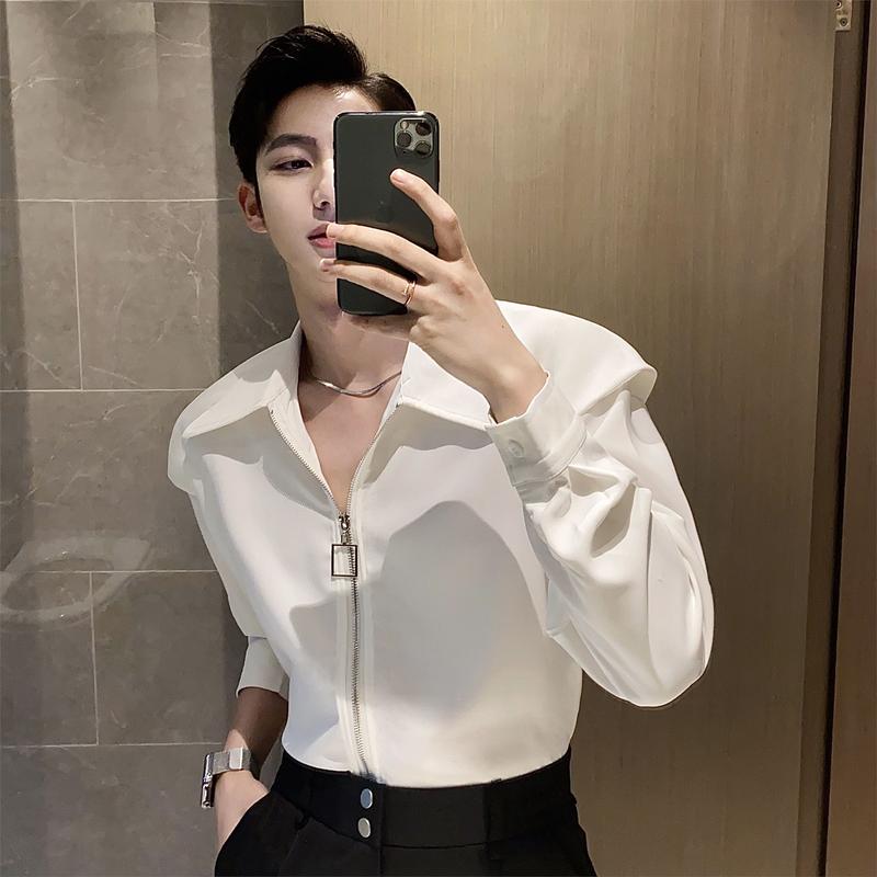 Áo Sơ Mi Nam, Vừa Vặn Hàng Đầu, Có Khóa Kéo, Chất Lượng Cao, Thiết Kế Xếp Ly Độc Đáo Áo Khoác Dễ Thương, Hàng Mới Về Mùa Thu, Dễ Phối Đồ, Phong Cách Tóc Rậm, Áo Sơ Mi Dài Tay, Dành Cho Nam Giới Menswear Có Cổ Shirt