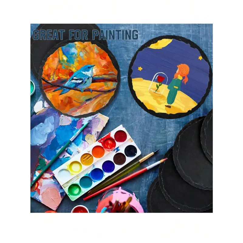 #KUP Slate Beverage Coasters, Black Slate Rock Coasters, Creative Insulation Pads, Blanks With Anti-Scratch Bottom, Suitable For Beverage Halls, Cafes, Kitchens, Home, Office, Restaurants, Apartment Bar And Other Places (Round) 6