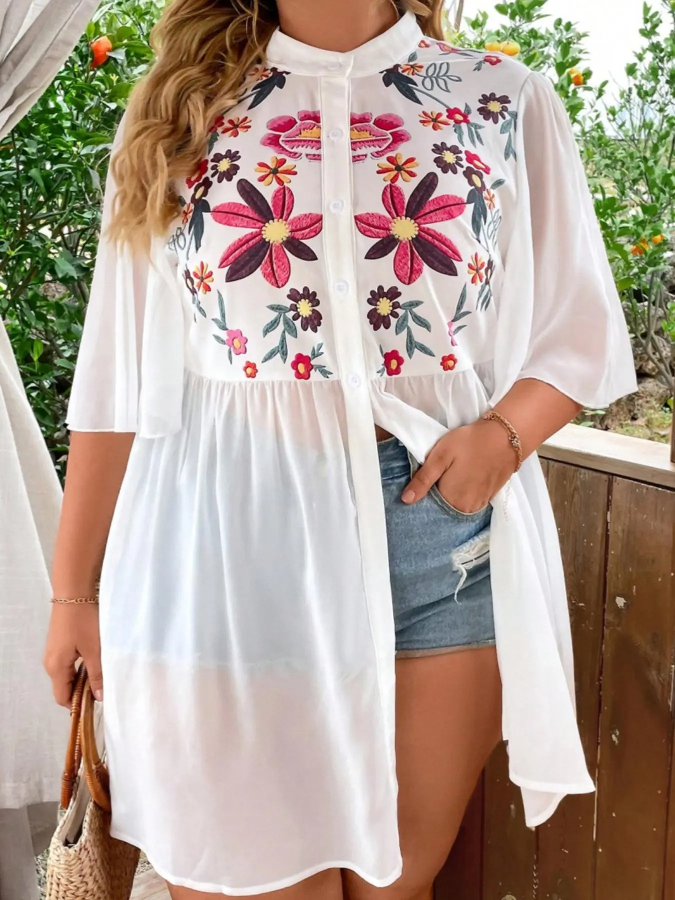 【Plus Size】floral Print Button Front Blouse, Casual Butterfly Sleeve Mock Neck Top for Daily Wear, Holiday Outfits, Women's Plus Clothing for All Seasons, Back To School, Boomtown Outfits, Clothes for Women