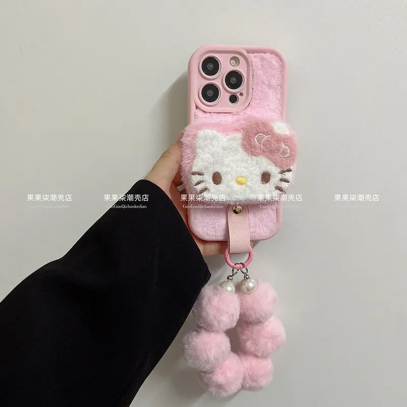 Ốp Điện Thoại Apple 16, Thiết Kế Kitty Mặt To Nhồi Bông Màu Hồng, Có Dây Đeo Buộc, Dây Đeo Tay Iphone15promax, Thích Hợp Cho 14 / 13 Và 12 Nữ 1