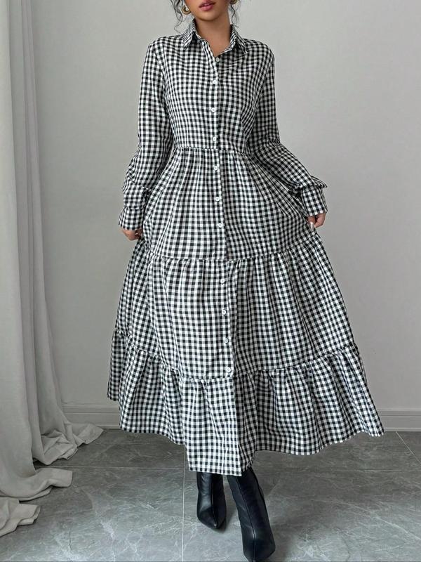 Women's Plaid Print Button Front Ruffle Hem Dress, Elegant Fashion Casual Long Sleeve Dress for Daily Outdoor Wear, Women Dress for All Seasons 0