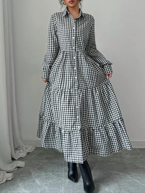 Women's Plaid Print Button Front Ruffle Hem Dress, Elegant Fashion Casual Long Sleeve Dress for Daily Outdoor Wear, Women Dress for All Seasons 0
