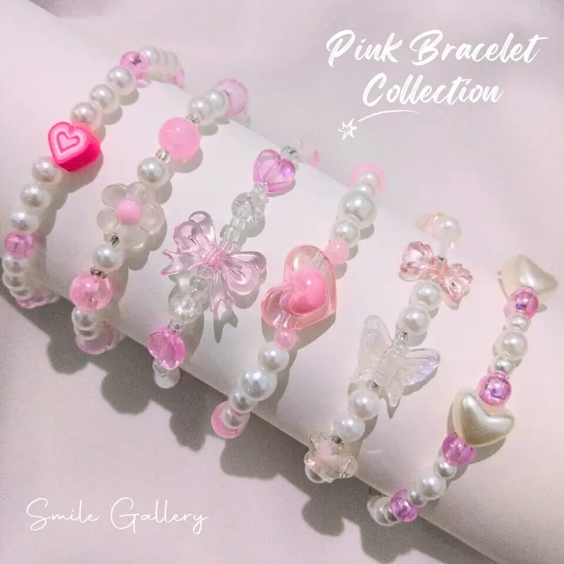 Aesthetic Pink Bracelet / Beads Bracelet Pink Series / Gelang Aesthetic Korean Style / Beads Bracelet / Gelang Couple / Gelang Manik-Manik / Gelang Aesthetic Warna Pink Bentuk Pita Bunga Kupi-Kupu Butterfly Perempuan 0
