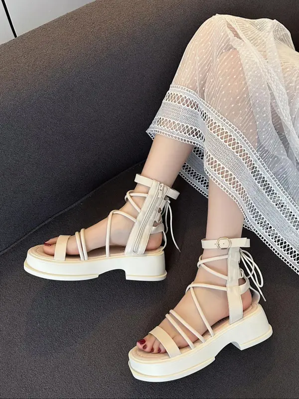 Women's Fashionable Solid Color Side Zipper Sandals, Casual Versatile Platform Sandals for Summer, Lightweight Breathable Comfortable Shoes for Daily Wear, Girl 7
