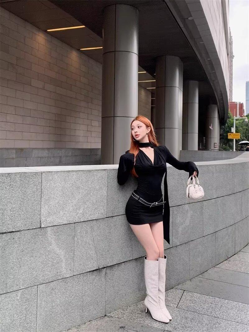 Product Introduction of New Women's Fashion Sister American Style Spaghetti Strap Long Sleeve Dress for Women Autumn New Waist-Cinching Elegant Sexy Bodycon Short Dress 10