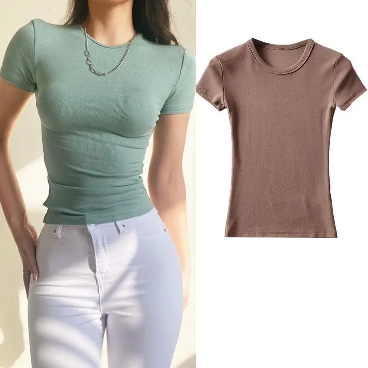 European and American basic solid color small round neck short sleeved T-shirt for women's summer sexy tight fitting top, slimming elastic base shirt