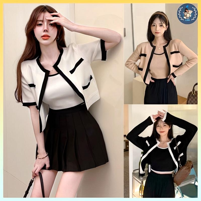 [A011] SET (2 MÓN) ÁO KHOÁC ngoài Cardigan KÈM ÁO 2 DÂY sang chảnh hàng dệt kim Quảng Châu cộc tay siêu HOT - L2M (Top tingoan Nhung Women ) 【 hoa hồng  