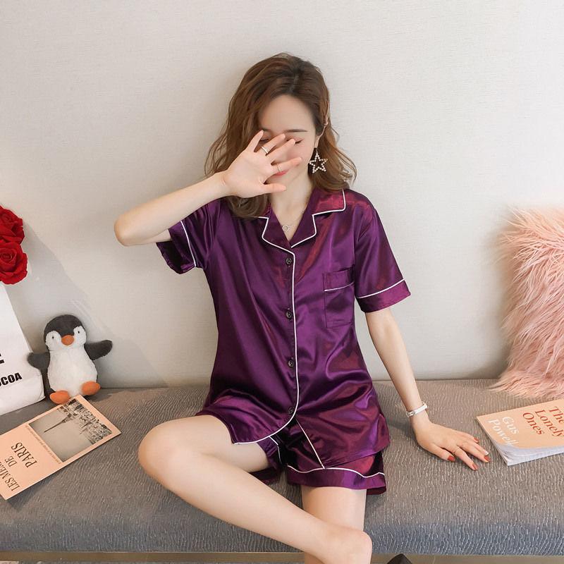 Luckybag-shop-Korean fashion pajamas, satin women, short sleeve shirt + shorts 1812 1