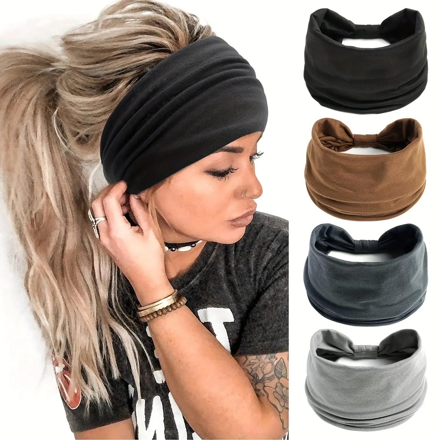 Boho Women Fashion Solid Outdoor Headband Sports Elastic Wide Running Adjustable Headbands Yoga Sweat Absorption Head Band Bandeau Sport Hair Band Hair Accessories