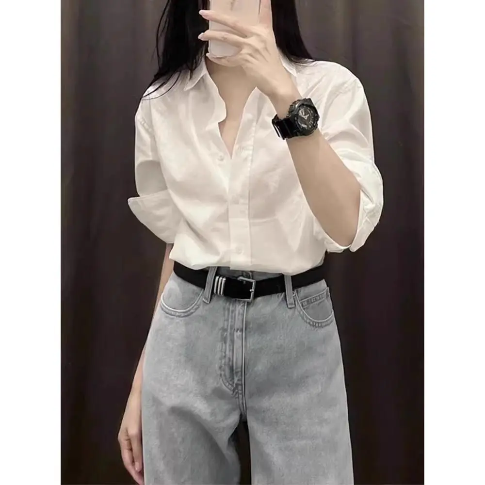 Áo Sơ Mi Nữ Dễ Phối Đồ Thời Trang Phong Cách Pháp, Màu Trắng Thanh Lịch, Thích Hợp Đi Làm Và Mặc Thường Ngày Áo Sơ Mi Dáng Rộng, Hàng Mới Về Mùa Xuân Hè Năm 2024, Dành Cho Nữ