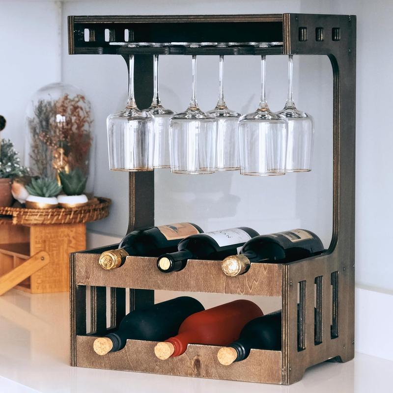 Local shipping-Wine Rack Free Standing | Natural Wooden Wine Racks with Glass Holder - Waterproof 6 Bottle Wine Rack Storage for Home Bar Kitchen - Wall Mountable 0