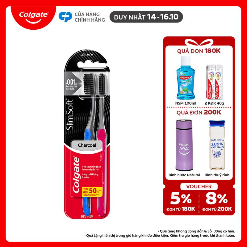 [Duy nhất 14-16.10] Bộ đôi bàn chải đánh răng Colgate than hoạt tính kháng vi khuẩn SlimSoft Charcoal mềm mảnh