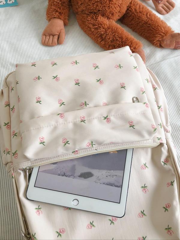 Cute Floral Pattern Backpack, Large Capacity Travel Backpack, Multi-pockets Zipper Backpack for School & Travel 4