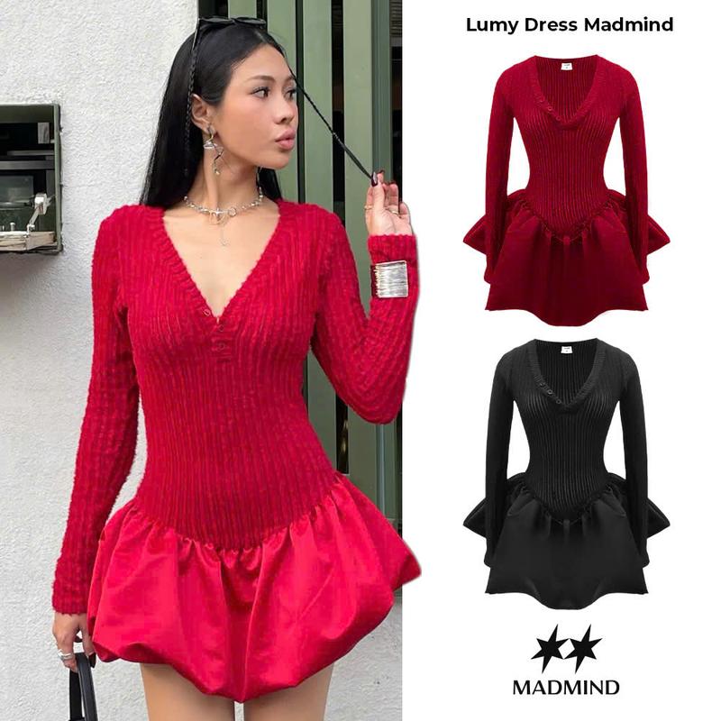 Đầm Thiết Kế Dáng Bí Tay Dài Form Ôm Body Có Quần Bảo Hộ Lumy MADMIND - Màu Đen Đỏ Women Dress