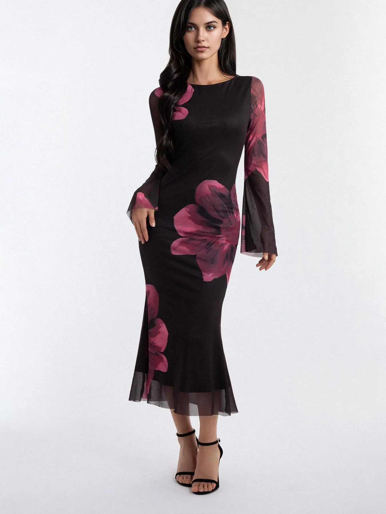 Women's Floral Print Long Sleeve Tulle Dress, Elegant Round Neck Long Dress for Party Wedding Guest, Ladies Spring & Fall Clothes