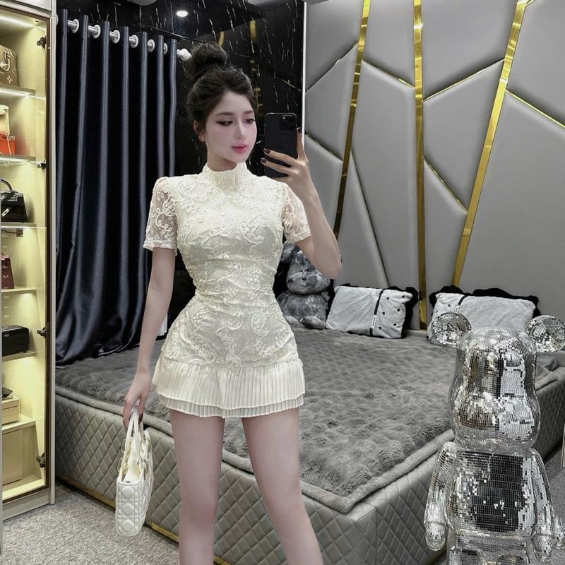 Đầm váy nữ ren cộc tay phối chân váy chữ A ngắn mix tà voan tầng, đầm váy nữ hoạ tiết nổi chiết eo basic