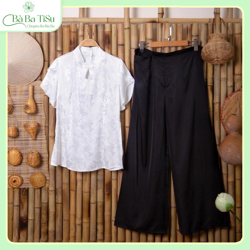 TS35 Áo Lẻ Bà Ba Gấm Cổ Tàu Tay Cánh Tiên Nữ Top Kem Ong Thun Sen Cho Nữ Bigsize 40kg->87kg