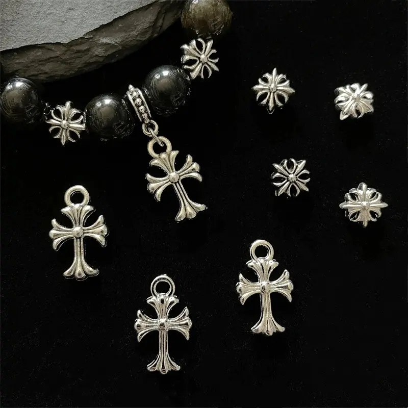 Alloy vintage silver Chrome heart hollow spacer bead cross pendant handmade diy bracelet bead accessories material