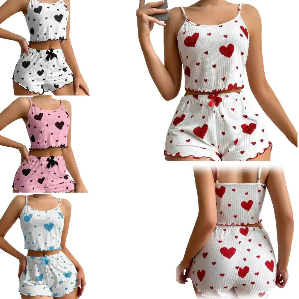 1Set  Hot Sale Women's Sling Pajamas Top Shorts Homewear Set Pajamas Knitted Pit Stripes Love Print Sweet Sling Shorts Pajamas