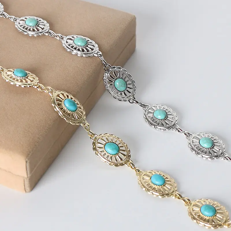 Retro Fashion Turquoise Metal Waist Chain Women's Dress All-Matching Decorative Chain Belt Bohemian Accessories 1
