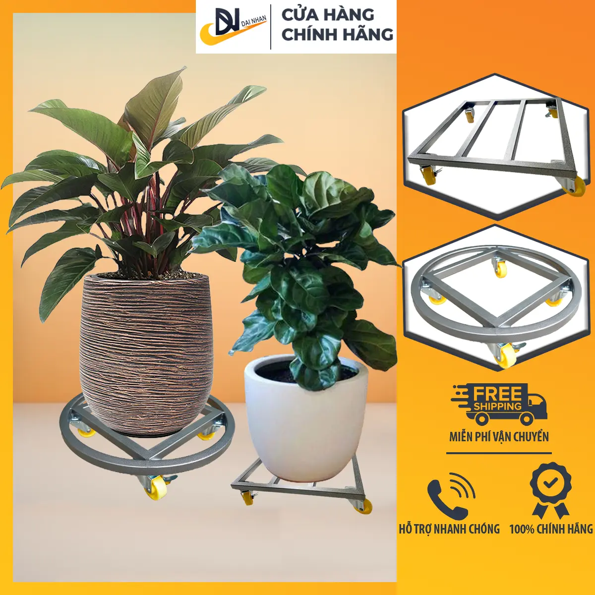 Đế lót chậu cây có bánh xe, đế kê chậu cây ĐẠI NHÂN, hình tròn, vuông, đường kính 30-50cm, bánh xe có khoá
