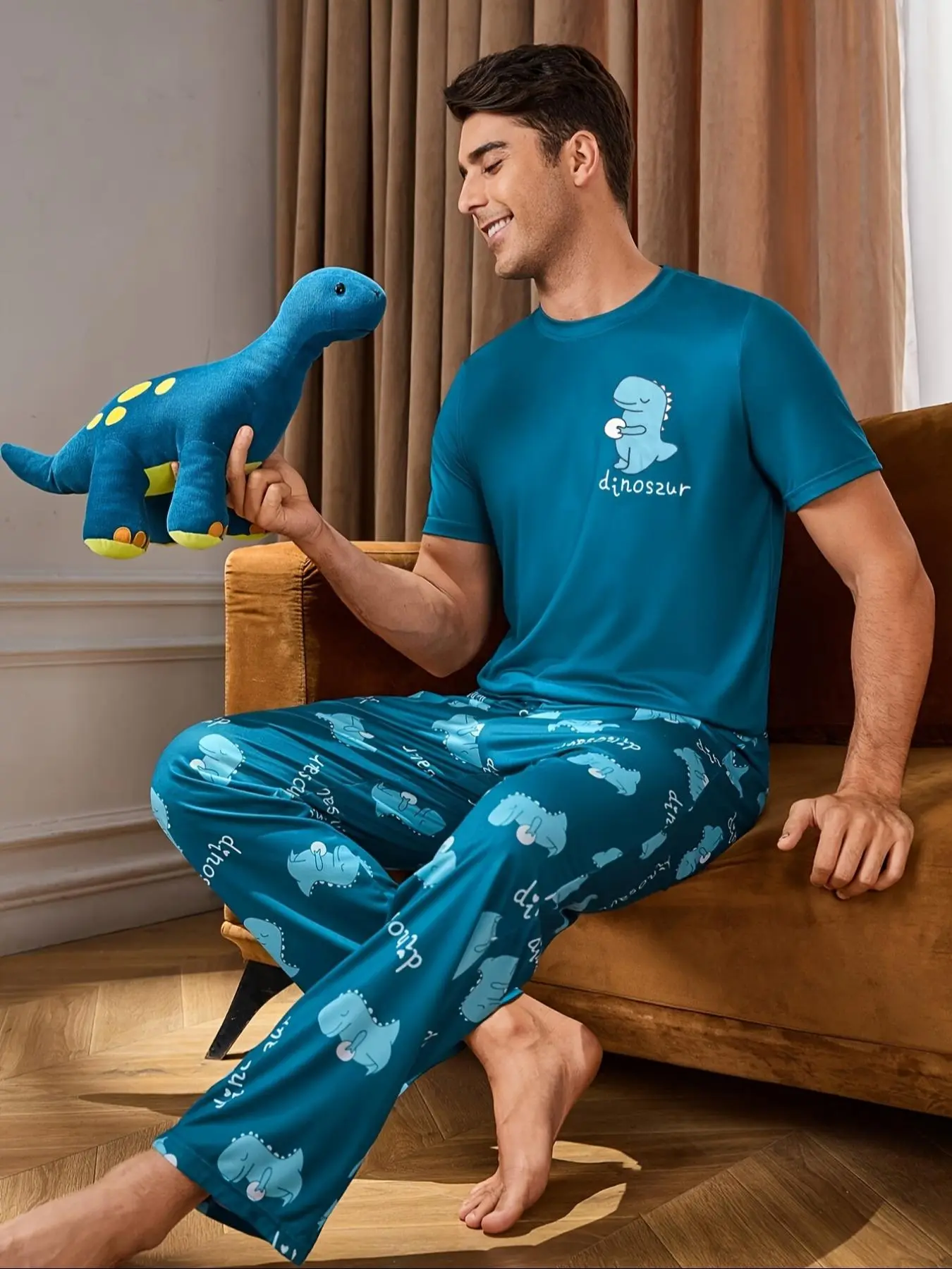 Men's Cartoon Dinosaur Print Tee & Pants Pajama Two-piece Set, Regular Fit Casual Comfy Round Neck Short Sleeve T-shirt & Trousers PJ Set, Men's Sleepwear for Summer