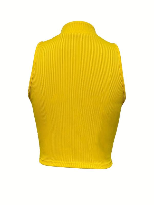 Women's Solid Color Half Placket Zipper Mock Neck Ribbed Crop Tank Top, Casual Sleeveless Cropped Top for Summer, Summer Clothes, Going Out Top, Streetwear, Ladies Clothing for Daily Wear 1