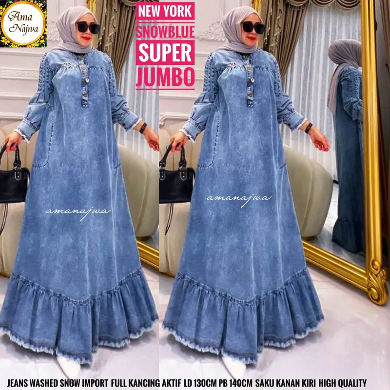 Gamis Jeans Wanita Muslim Cantik Terbaru Ld 130 cm Pj 140 cm Jumbo Size Bahan Nyaman Rempel Bawah Kancing Dada Aktif Lengan Panjang Best Seller Recommended Fit Kerja 0
