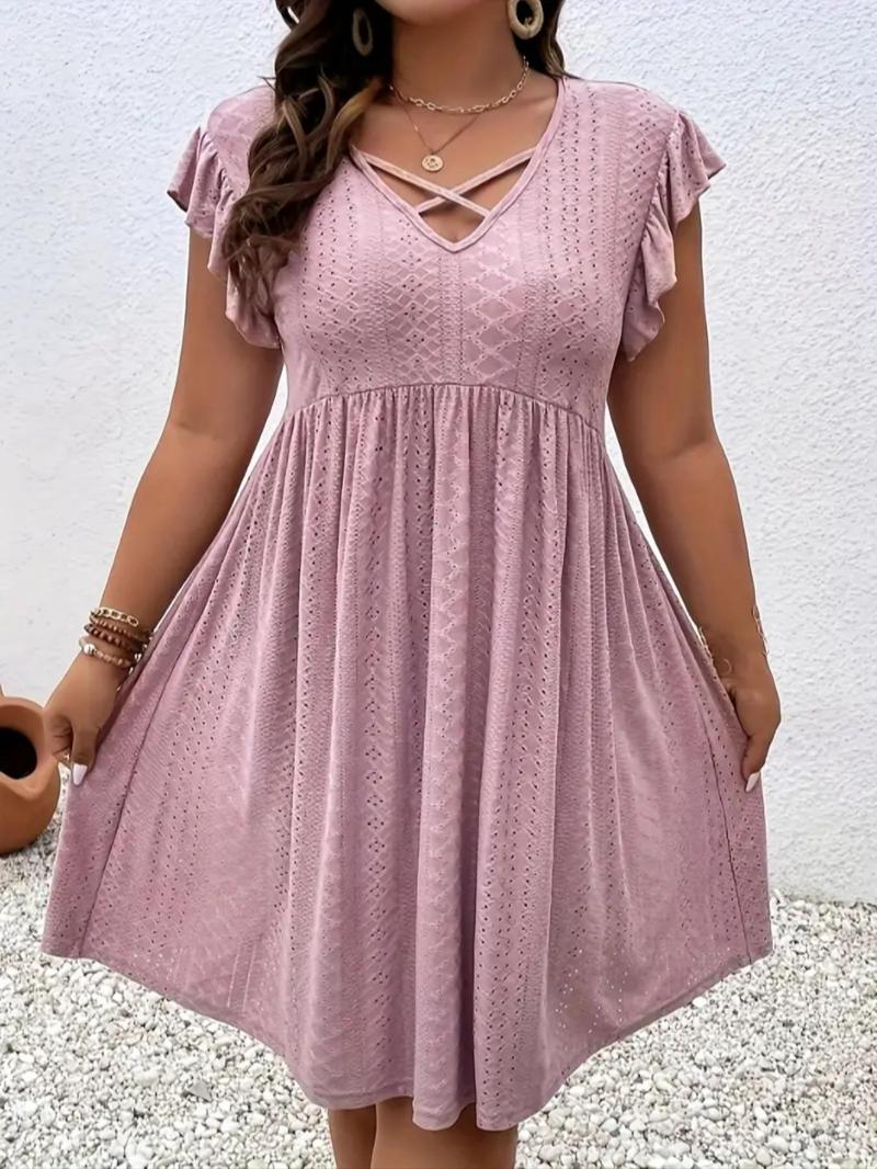 Product Introduction of Plus Size Women's Criss Cross Eyelet Embroidery Dress, Casual Butterfly Sleeve V Neck Dress, Women's Plus Summer Clothing for Daily Wear 1