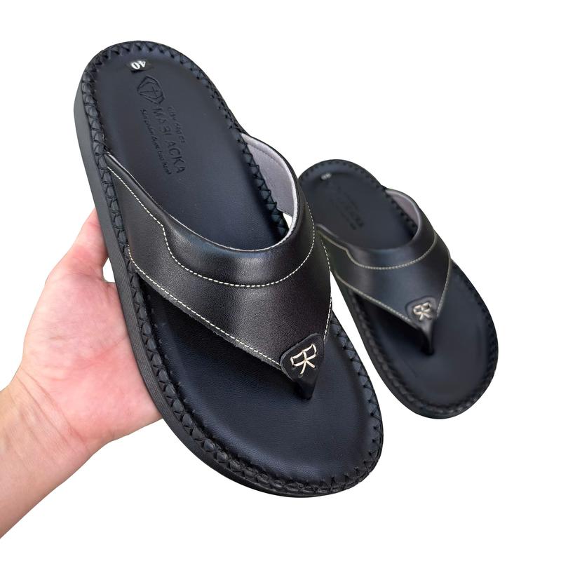 Dép kẹp nam xỏ ngón dép tông nam màu đen da bò thật H64 đế cao 2,5cm DéP Đế Bằng lào dep quai kep