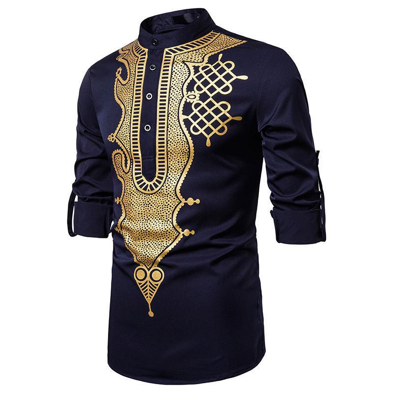 Product Introduction of Discount Fashion Men's Casual Fashion Bronzing Pullover Shirt Totem Long Shirt Muslim Straight Shirt 3