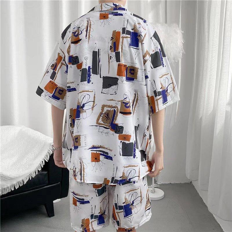 Short-sleepted men's fashion summer ice silk Free Shipping Hong kong-style Ruan Home wear half-pajama shirt loose floral shirt coat suit 5