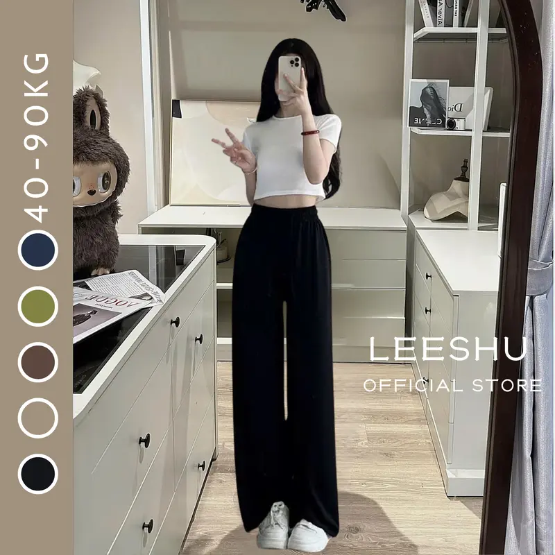 Quần tăm suông ống rộng có Bigsize vải tăm lạnh siêu mát, quần ống sớ co giãn dáng dài mềm rủ có túi quần kèm dây rút eo 0