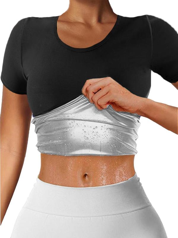 Summer 2024 Women's Solid Color Round Neck Short Sleeve Sauna Top,  Compression Shirts, Tight-fitting Sweat-wicking Crew Neck Sports Tee, Fitness Workout Gym Exercise Top for Women 3