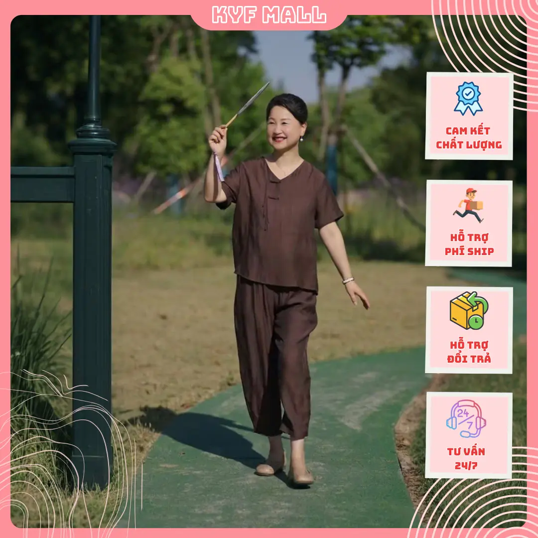 Bộ đũi tơ nữ quần dài phối tết xoắn thủ công -  bộ quần áo mặc nhà, đi chơi - Bộ đồ du xuân - Form rộng, Che bụng mỡ - KYF-TON-DUICHUA2 Women Top set lam đobo tang me dobo nguoi gia set  bo set  bộ  9  tấc  mặc  nhà