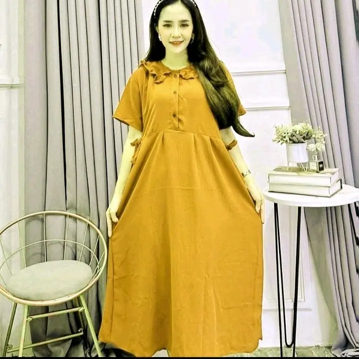 Daster Dress Wanita Dewasa  Busui  Kancing Ruffle Kekinian  Mewah  Kain Crinkle Airflow Premium Nyaman Tebal Remaja Samping Panjang Katun Cantik Midi Bumil 6