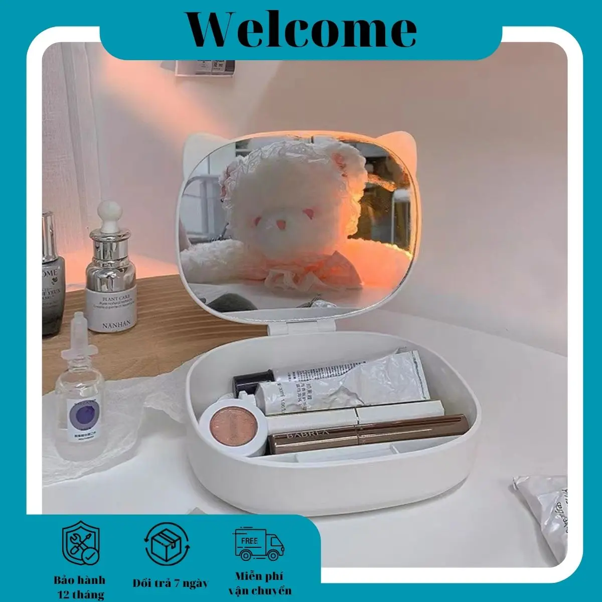 Hộp trang điểm để bàn kèm gương tặng sticker Mỹ Phẩm Cosmetic Women Nữ
