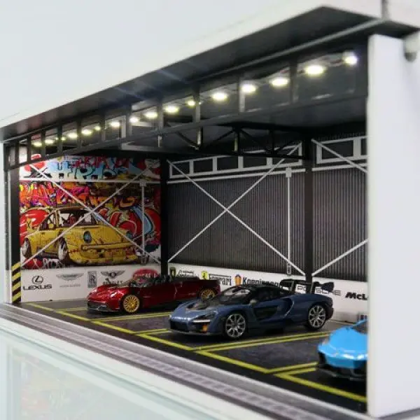 With Light 1:64 Super-Running Garage Scene Car Repair Room Simulation Parking Lot 6 Parking Space Car Model Toy