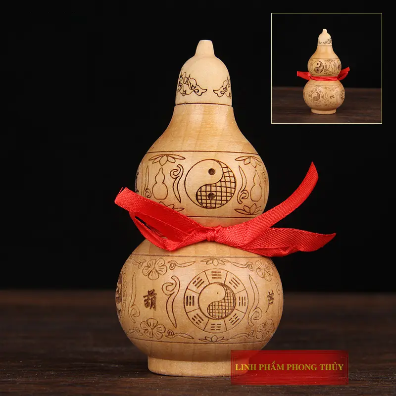 Vật Phẩm Phong Thủy Hồ Lô Gỗ Đào Khắc Bát Quái Kích Thước 10.5cm – 25cm 3