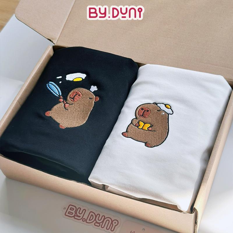 Áo thun thêu cặp đôi BY.DUNI nam nữ form rộng Local Brand unisex, áo cặp quà tặng bạn thân vải cotton mẫu CAPYBARA chiên trứng FULL BOX Women Top