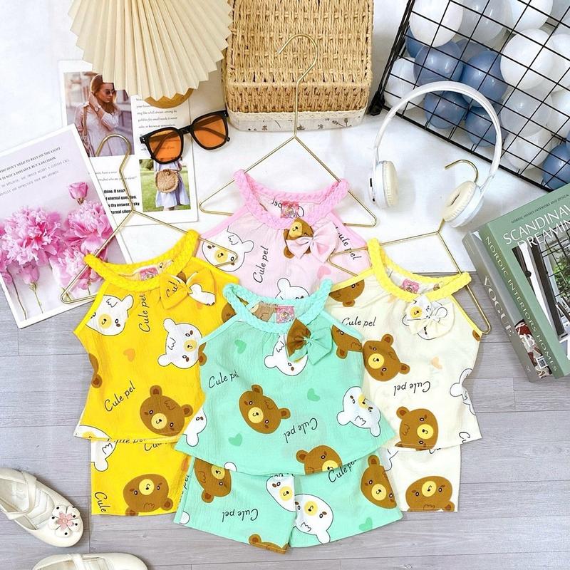 (YH1) Bộ quần áo đùi cổ yếm đan xích đính nơ trước chất đũi hàn cho bé gái 3 bộ 110k(6kg-14kg) màu bóc theo size(ngẫu nhiên) kéo hình sang trái để xem hết tất cả các sản phẩm