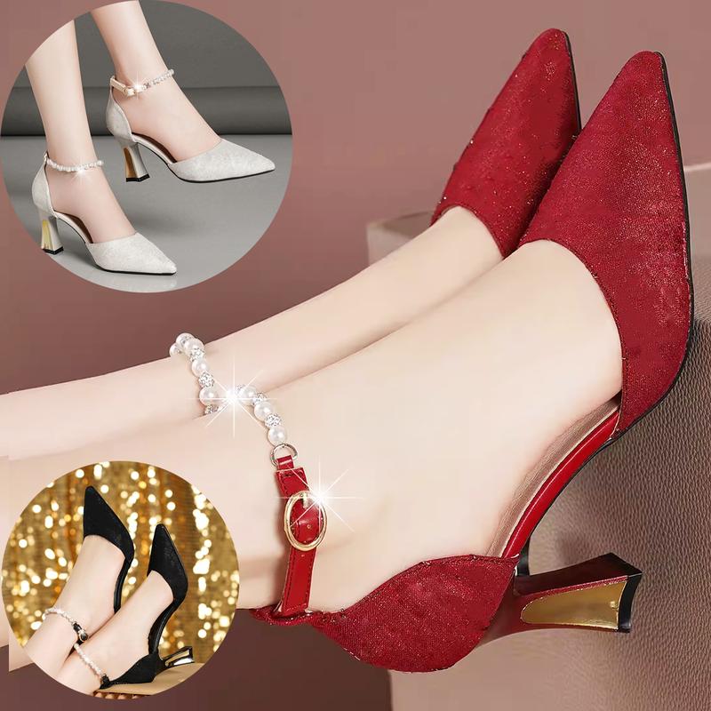   FS  Giày Cao Gót Dự Tiệc 7cm Mũi Nhọn Ánh Kim Bling Quai Ngọc Sang Chảnh -MãSố CG53 