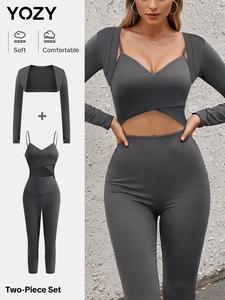 YOZY-GOOO Women's Solid Long Sleeve Crop Top & Wrap Cut Out Cami Skinny Jumpsuit Two-piece Set, Sporty Casual Comfy Breathable Outfits for Yoga Gym Workout Running, Ladies Clothes for All Seasons