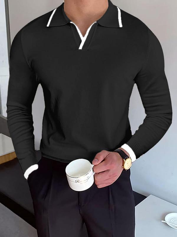 Men's Contrast Binding Polo Neck Sweater, Regular Fit Casual Long Sleeve Jumper for Fall & Winter, Men's Knitwear for Daily Wear 4