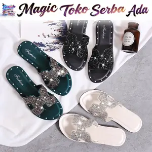 Magic Toko Serba Ada Sandal Wanita SP17 Slop Motif Manik-Manik Berkilau Bahan Karet Fashion Real Pict Size 36-40 Cocok untuk Outfit Simple